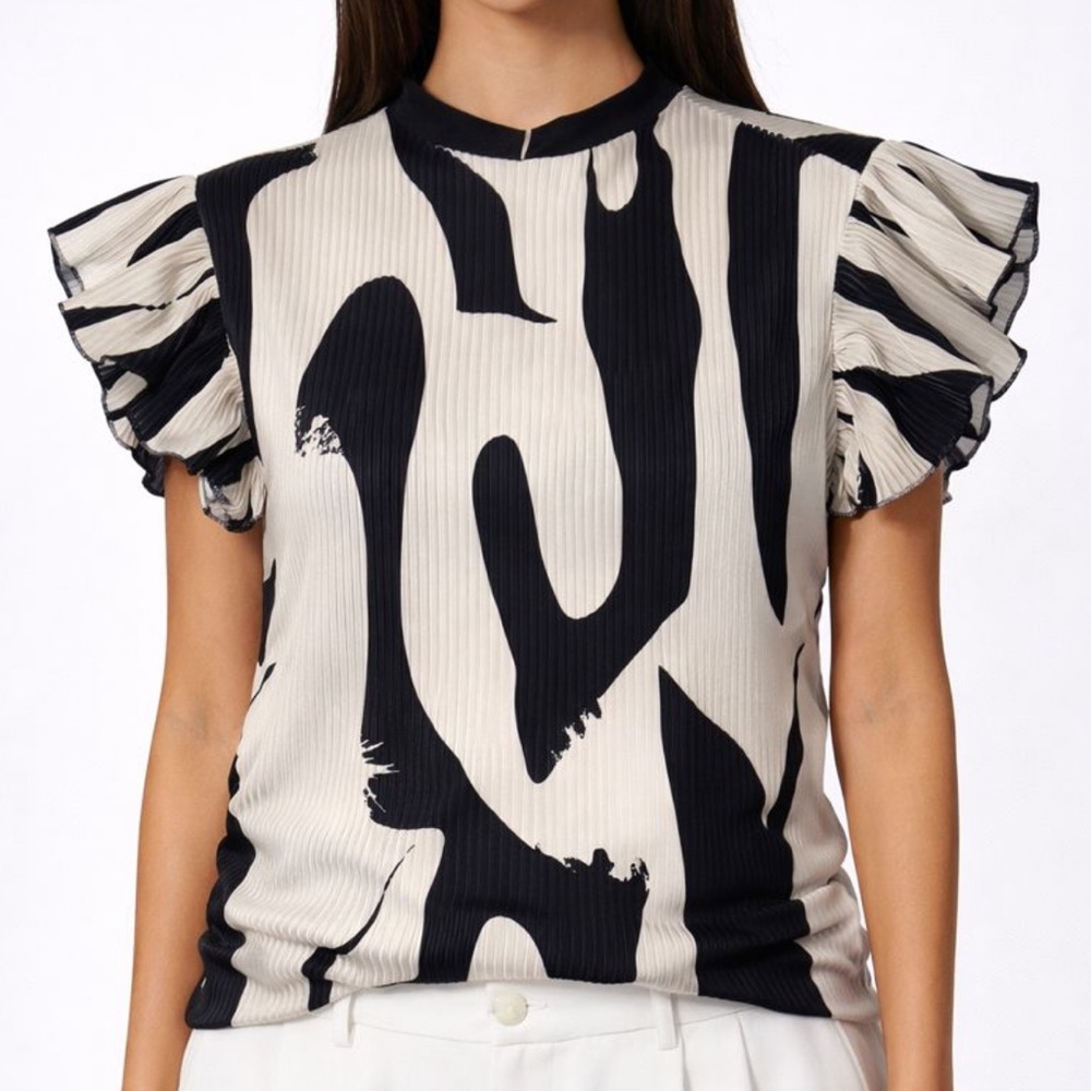 Black and Cream Ruffle Sleeve Top